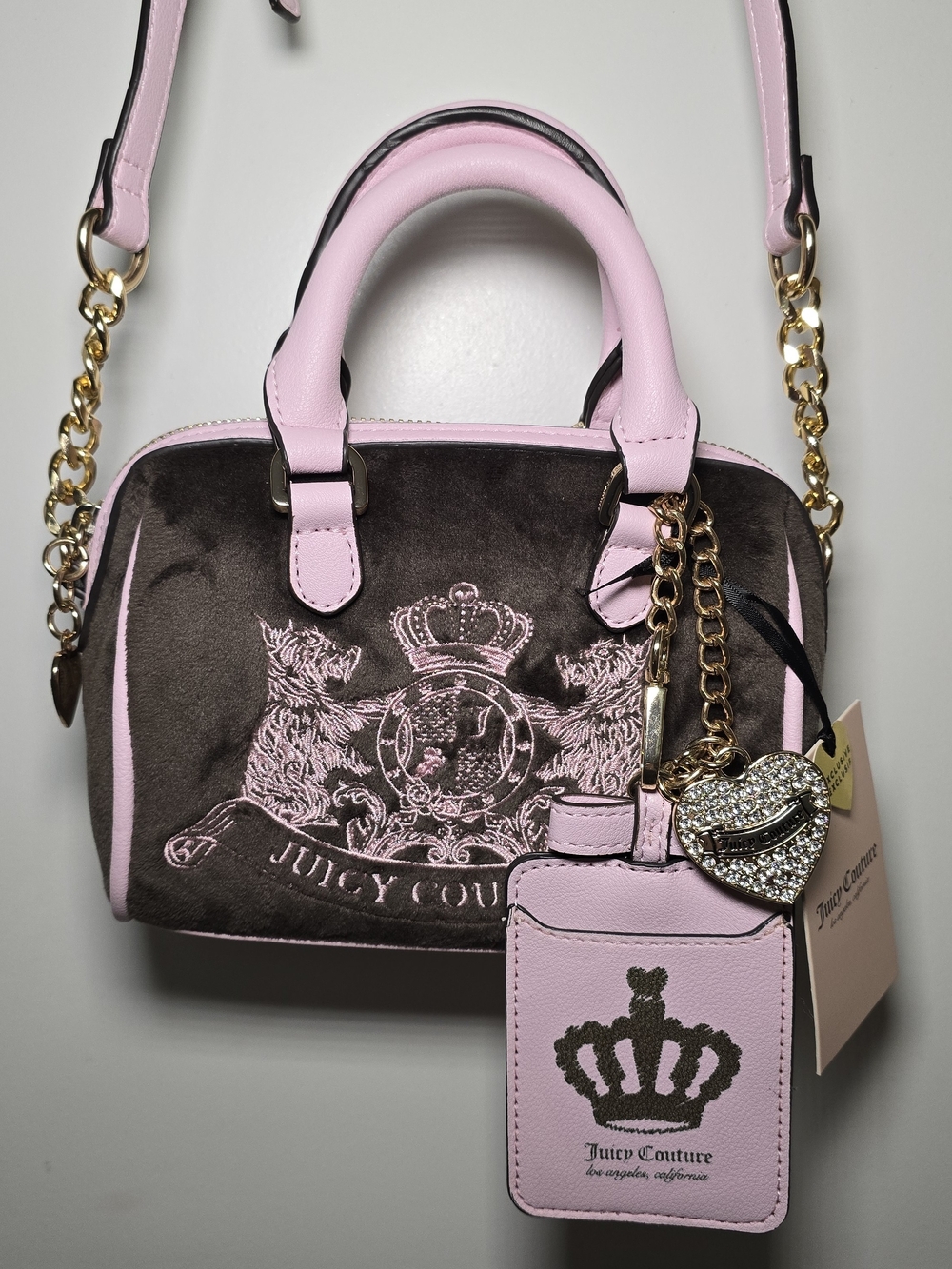 💝 Juicy Couture Classic Scottie Dogs Mini Satchel – Brown Velour & Pink Trim 💝